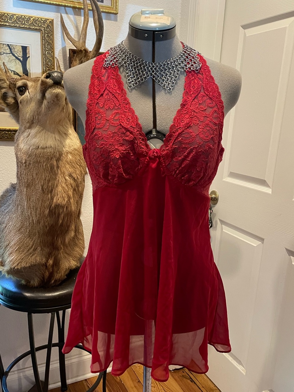 Red Lace Halter Babydoll Chemise - Unbranded